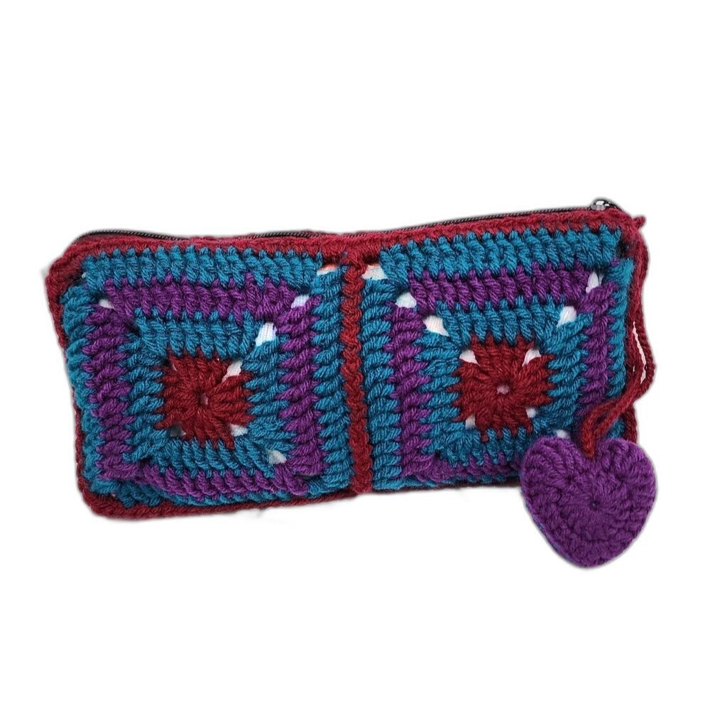 Handmade Crochet Granny Square Clutch Lined Boho Heart Charm Makeup Pouch